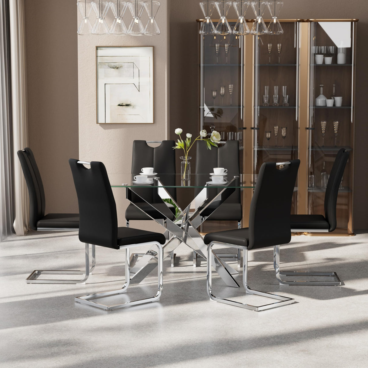 KATBOC 7-Piece Dining Table Set for 6, Modern Rectangular Glass Table with 6 Upholstered Leather Chairs, Space-Saving Dining Room Furniture Table & Chair Sets for Small Spaces&Apartment(Black&Silver) KATBOC