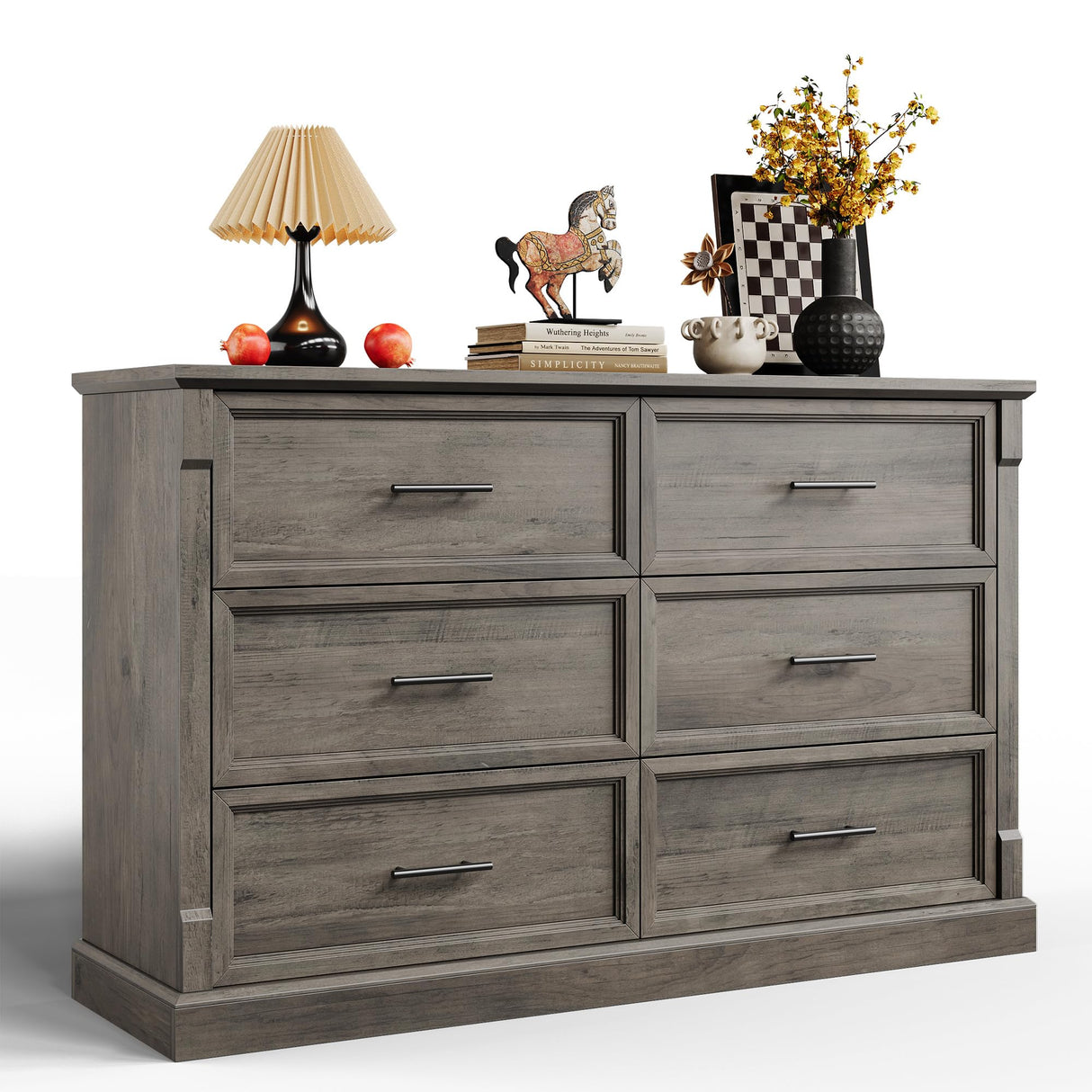 IDEALHOUSE Grey 6 Drawer Dresser for Bedroom, Farmhouse Large Double Chest of Drawers with Metal Handles, Rustic Wooden Dresser for Living Room, Hallway IDEALHOUSE