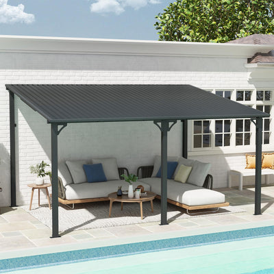 SUNSITT 10'x 14' Gazebo, Outdoor Lean to Gazebo Pergola w/Drainage Holes, Wall-Mounted Gazebo with Hard Top Metal Awnings for Patio Backyard Deck, Dark Grey