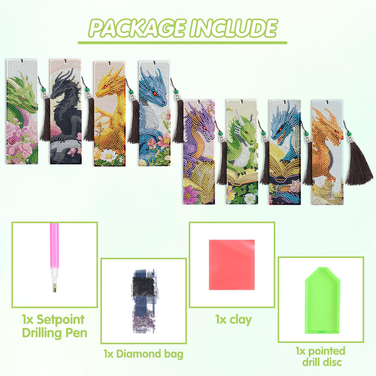 Dragon Diamond Art Bookmarks Kit: 8 Pcs Diamond Painting Bookmark with Tassels, Fantastic Dragon Book Marks for Book Lovers, Gifts for Reading Men DIY Crafts CRASHOT