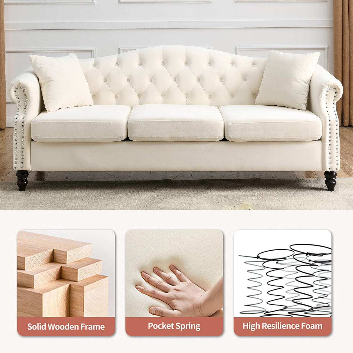 ATUMON 79" Chesterfield Sofa Couch for Living Room, 3-Seater Mid Century Modern Soft Velvet Tufted Sofa with Rolled Arms Nailhead & Two Pillows for Bedroom, Office & Coffee Bar, Beige ATUMON