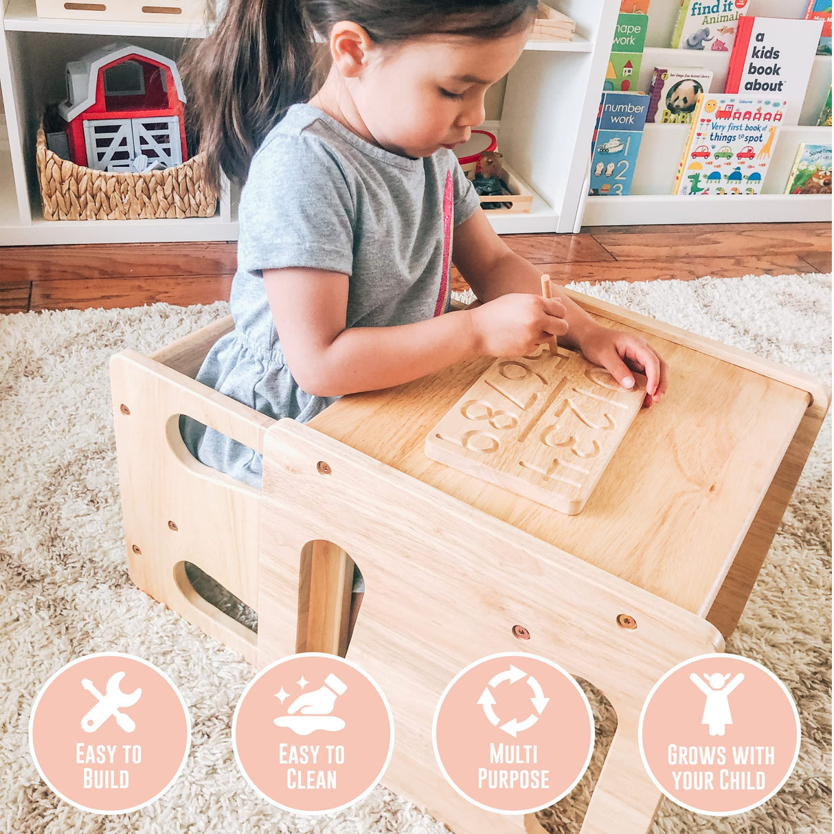 Montessori & Me Furniture Bundle – Weaning Table & Chair Set, Front-Facing Bookshelf, and Self-Care Station for Toddler Independence and Organization Montessori & Me