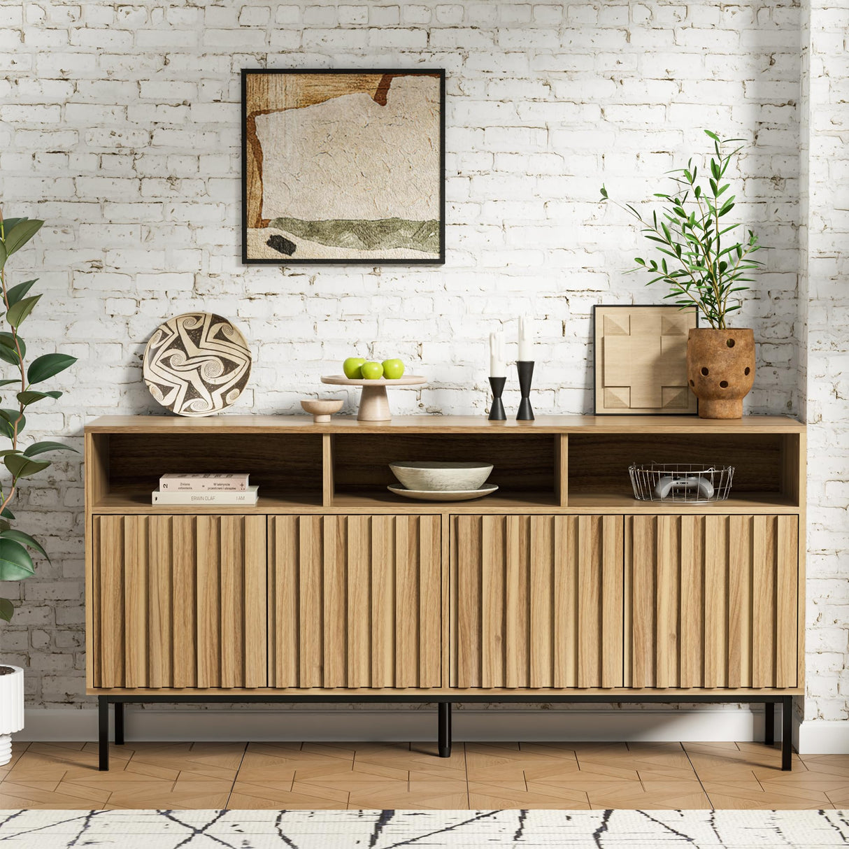 UEV Mid Century Modern Sideboard Buffet Cabinet with Storage, 61.4'' Fluted Sideboard Cabinet,Wood Buffet Cabinet with Metal Legs,Accent Credenza Storage Cabinet with 4 Doors and Spacious Top(Wood) UEV