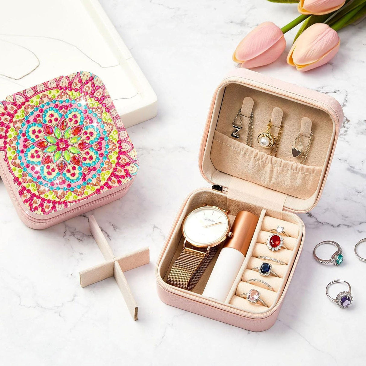 ARTopet 2PcsDIY Diamond Art Painting Jewelry Bag with Zipper Mandala Large Capacity Organizer Storage Box Special Shaped Crystal Rings Necklace Bracelet Gift Case for Women Girls ARTopet