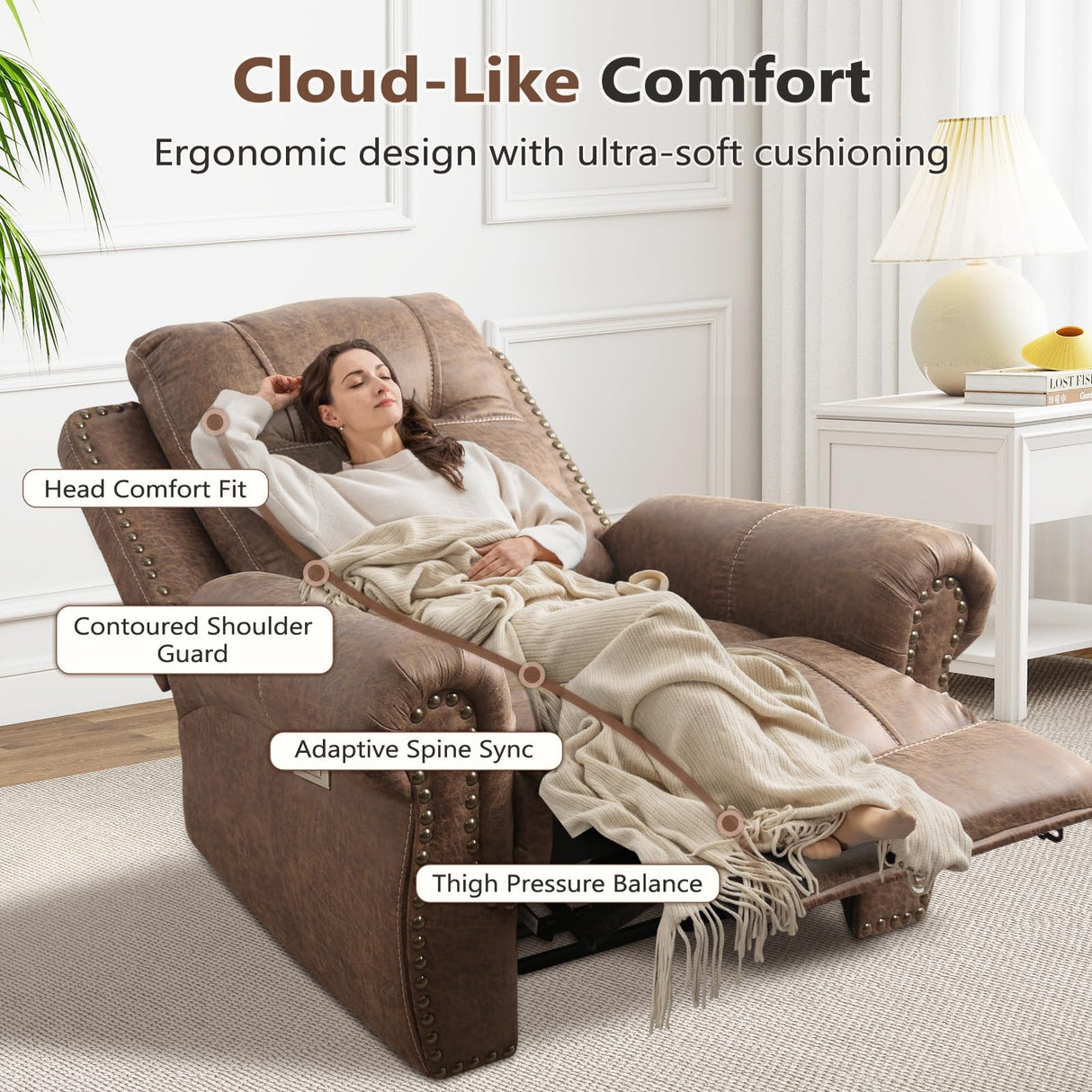 ANJ Electric Power Recliner Chair with USB Ports, Breathable Faux Leather Oversized Recliner with Comfortable Arms, Back and Headrest, Single Sofa for Living Room, Nut Brown ANJ