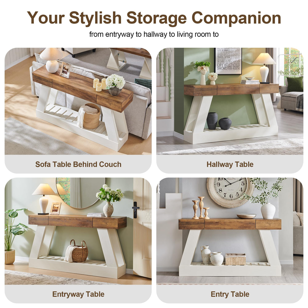 OKD 60" Farmhouse Entryway Table with Drawer, Console Table Behind Sofa, Narrow Long Entryway for Hallway, Living Room, Hallway, Behind Couch(Antique White) OKD