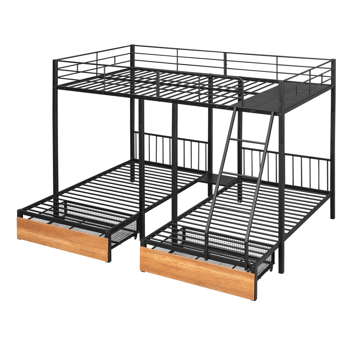 Merax Full Over Twin & Twin Triple Bunk Bed, Black Metal Bed Frame with Drawers and Guardrails Merax
