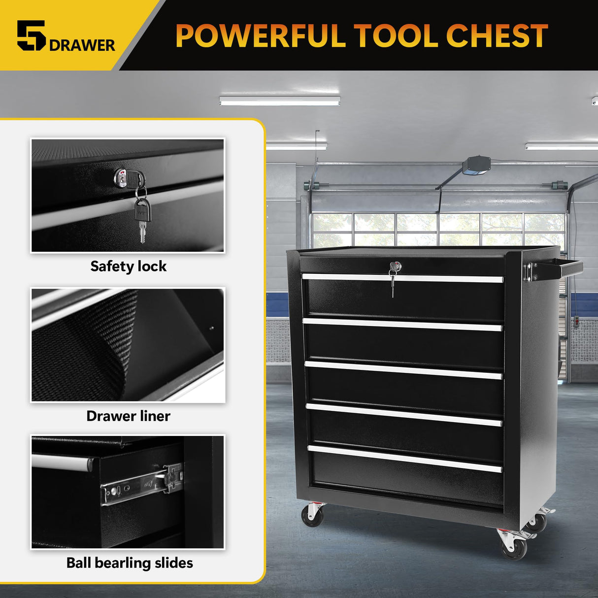 30 inch Rolling Tool Box with Drawers and Lock,Black Tool Chest On Wheels,24 Inch Wide Rolling Tool Cart with Toolbox Organization for Mechanics Garage Men BouPower