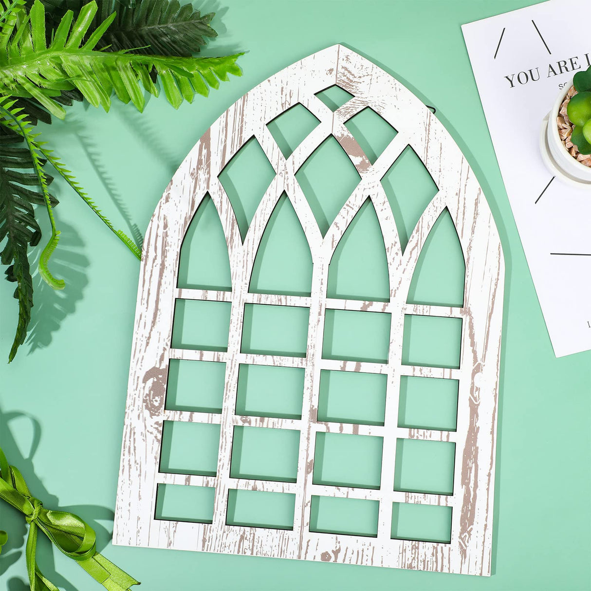 Yulejo 2 Pcs Rustic Window Frame Wall Decor Wooden Farmhouse Wall Decor 15.75'' x 11'' Arched Cathedral Window Home Decor Fake Window Pane Wall Art for Entryway Living Room Bedroom Yulejo