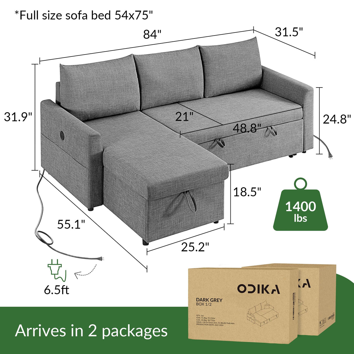 ODIKA L Shaped Convertible Sleeper Sofa Bed, 84" Sectional Couch for Living Room - Pull Out Bed, Reversible Chaise with Storage, Dual USB-C Charging, Removable & Washable Dark Grey Linen Covers ODIKA