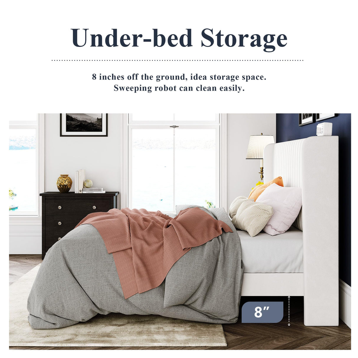 Allewie Queen Size Velvet Bed Frame/Vertical Channel Tufted Wingback Headboard/Upholstered Platform Bed/Strong Wooden Slats/No Box Spring Needed/Easy Assembly/White Allewie