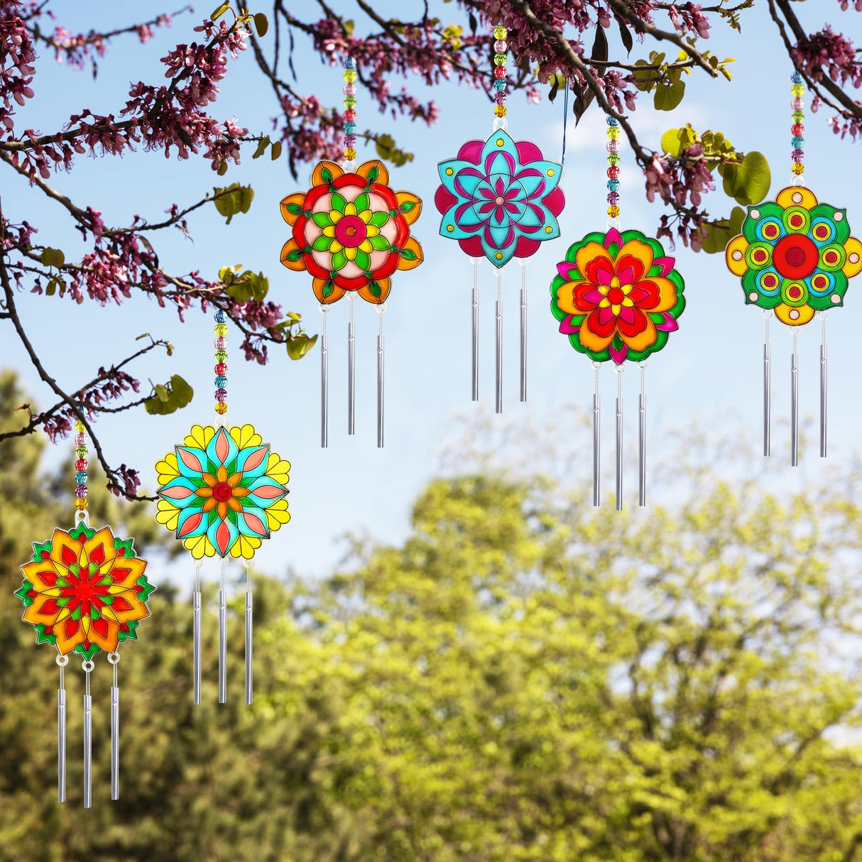 Ayhuhra 30 Sets Mandala Suncatchers Wind Chimes Craft Kits DIY Window Art Suncatcher Mandala Flower Craft Art Kit for Spring Summer Party Activities Art Project Party Favors Ayhuhra