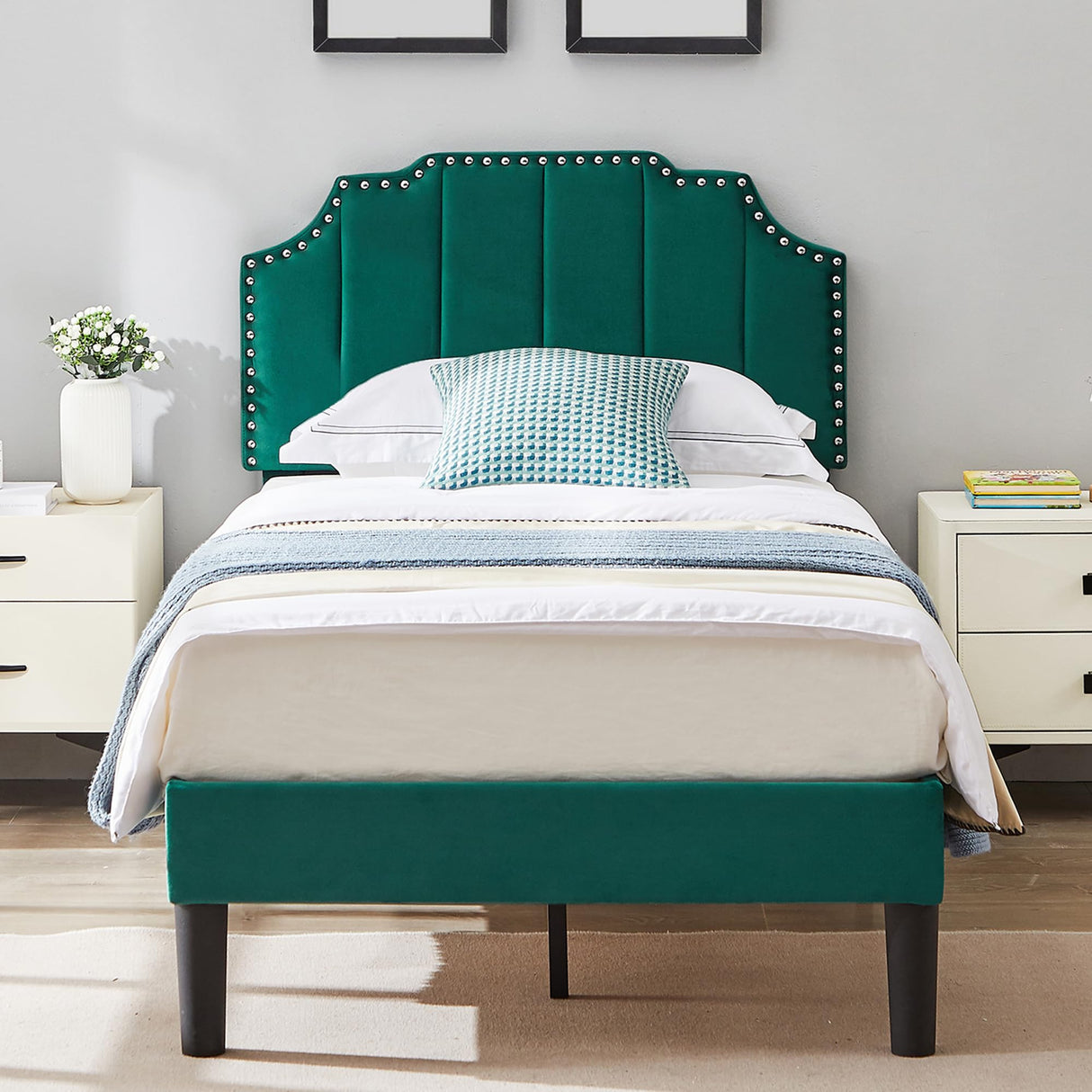 VECELO Twin Upholstered Platform Bed Frame with Tufted Adjustable Headboard/Mattress Foundation/Wood Slat Support,Easy Assembly,Dark Green VECELO