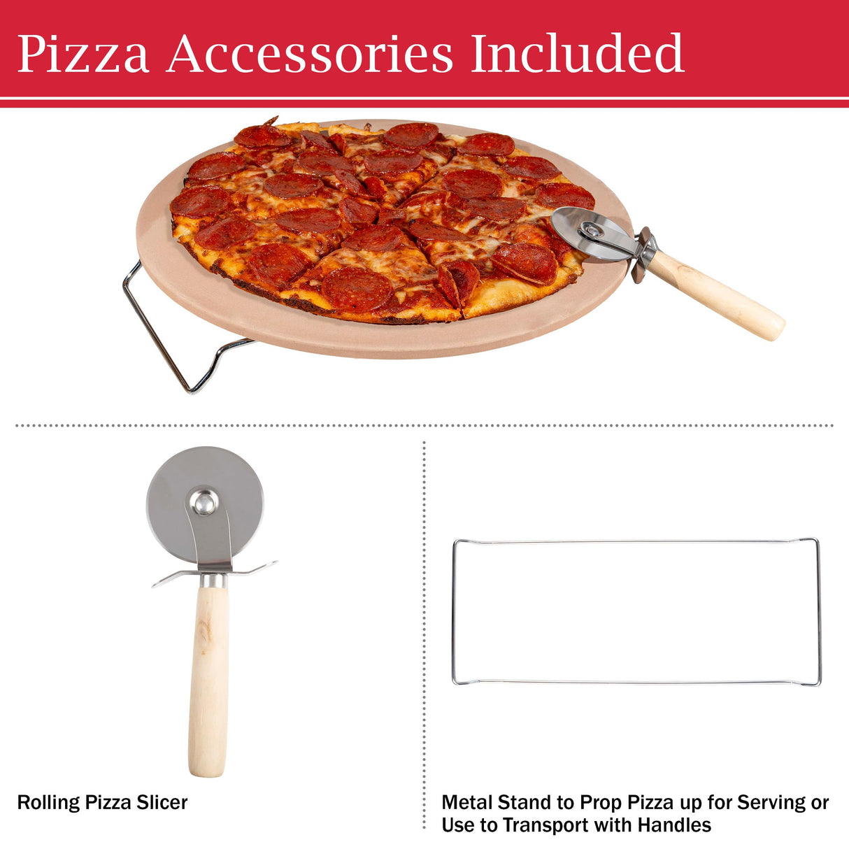 Pizza Stone - 15-Inch Pizza Stone for Oven or Grill with Pizza Cutter and Metal Serving Rack/Handles - Pizza Oven Accessories by Classic Cuisine Classic Cuisine