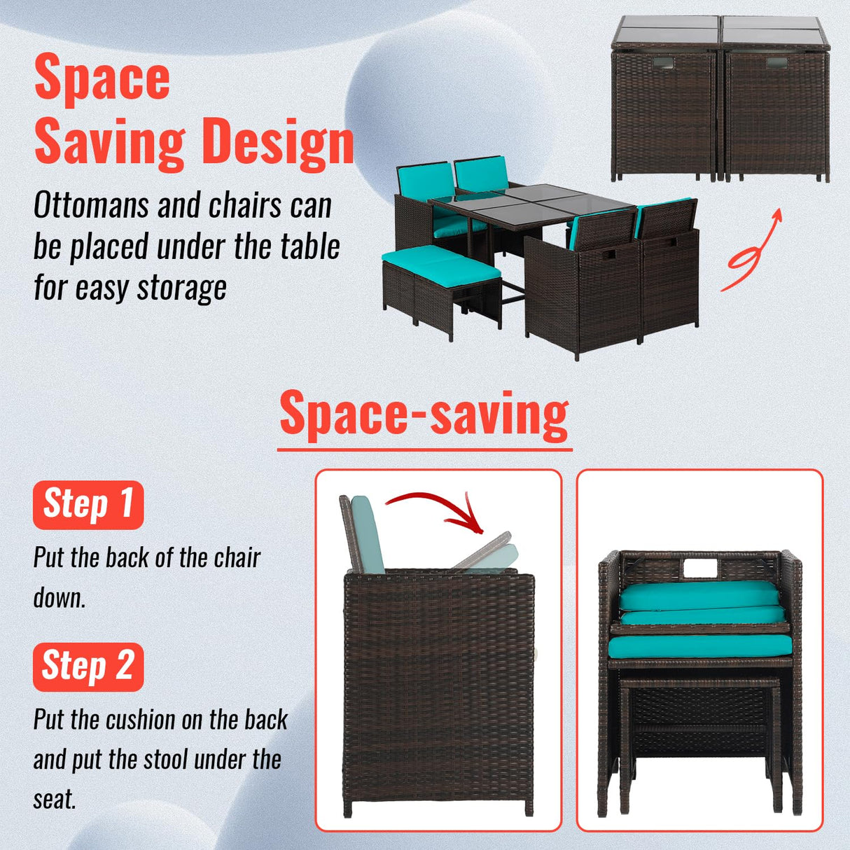 Outdoor Patio Furniture Set 9 Pieces Patio Dining Sets Space Saving Wicker Furniture with 4 Rattan Chairs 4 Ottomans and Glass Table for Outdoor Backyard Porch Poolside Balcony,Khaki Cushion (Blue) PayLessHere