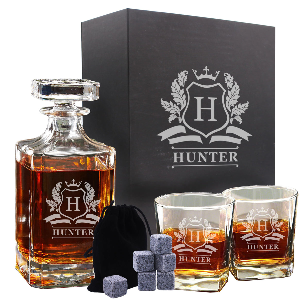 The Wedding Party Store, Personalized Whiskey Decanter and Glasses Set - Custom Monogrammed with Cavalier Design The Wedding Party Store