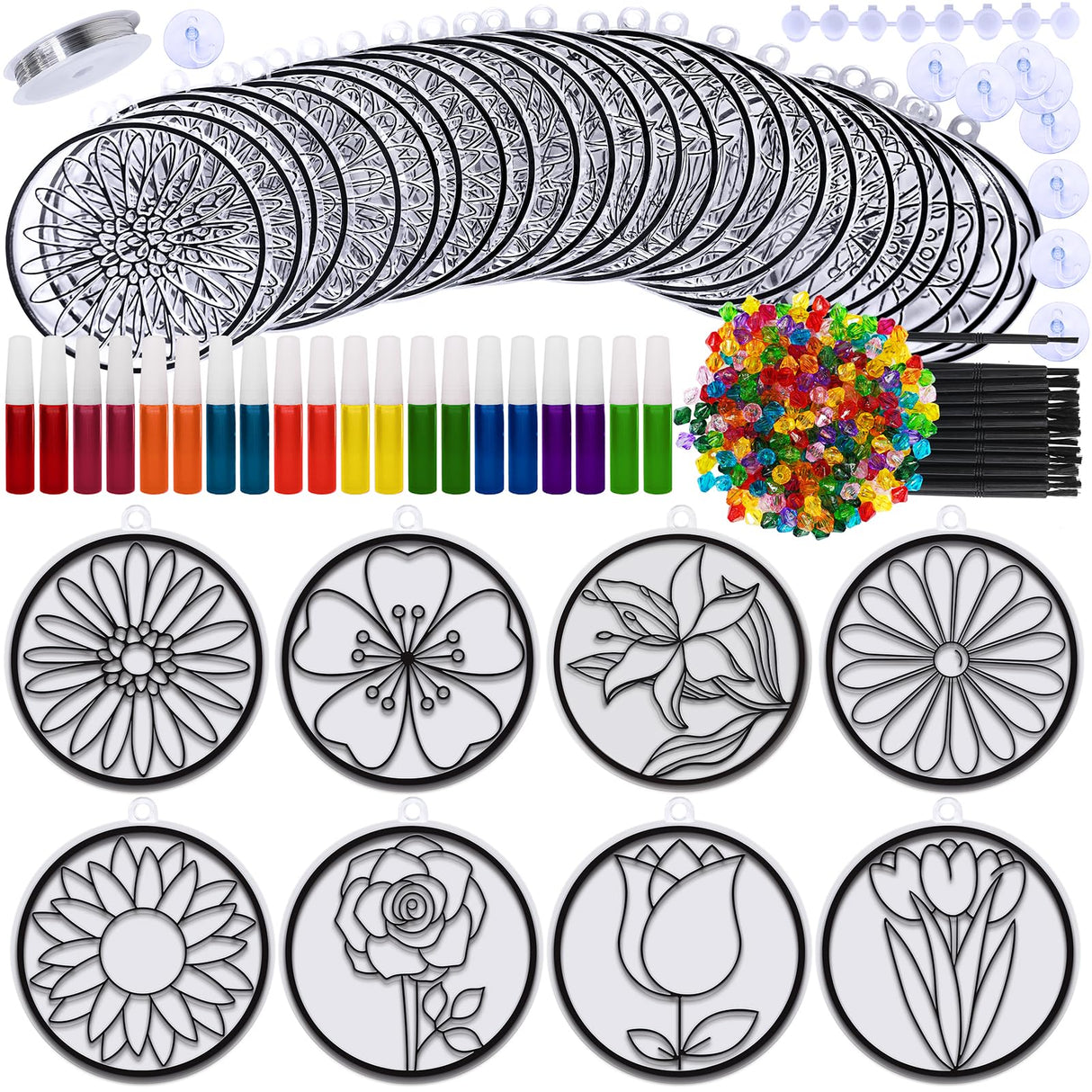 Winlyn 24 Set Spring Flower Suncatchers Ornaments Decorations DIY Window Paint Art Kit for Kids Classroom Activities Party Favors Winlyn
