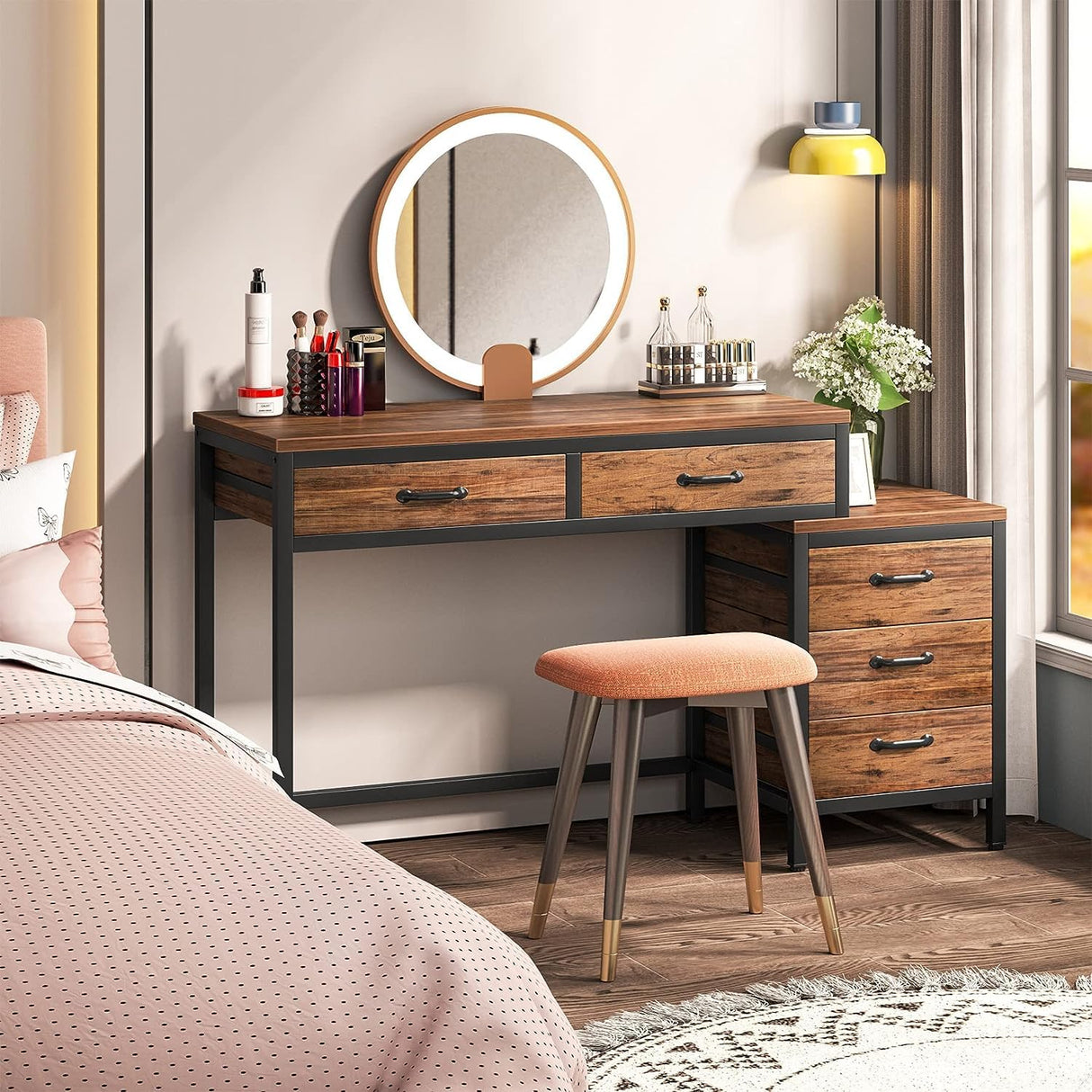 Tribesigns Computer Desk with 5 Drawers, Home Office Desks with Reversible Drawer Cabinet Printer Stand, Industrial PC Desk with Storage, Rustic Study Writing Table Workstation for Small Spaces Tribesigns