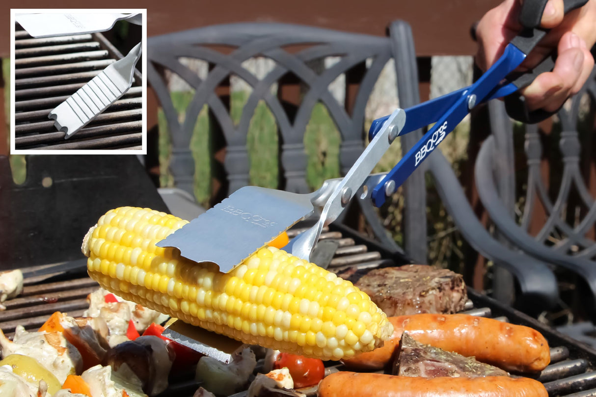 BBQ Croc 3 in 1 Barbecue Tool 18-inch - Lightweight and Long Tongs, Spatula and Grill Scraper (Blue) (18 inch Without Flashlight) BBQCroc