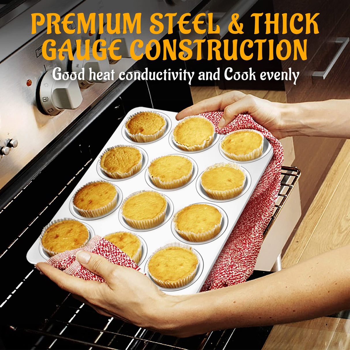 E-far Muffin Pan 12-Cup, Set of 2, Stainless Steel Cupcake Pan Metal Muffin Baking Tins for Oven, Regular Size & Easy Clean, Non-toxic & Dishwasher Safe-2 Pack E-far