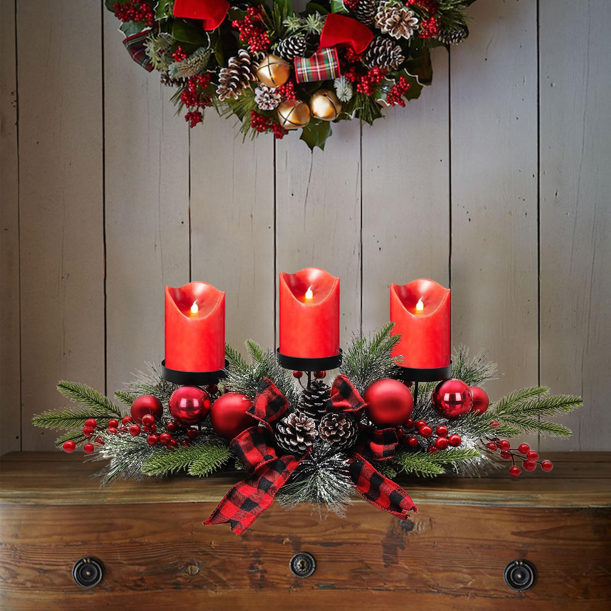 27.5-Inch Christmas Table Centerpiece with Candle Holders, Red Berries, and Pine Cones BAYN