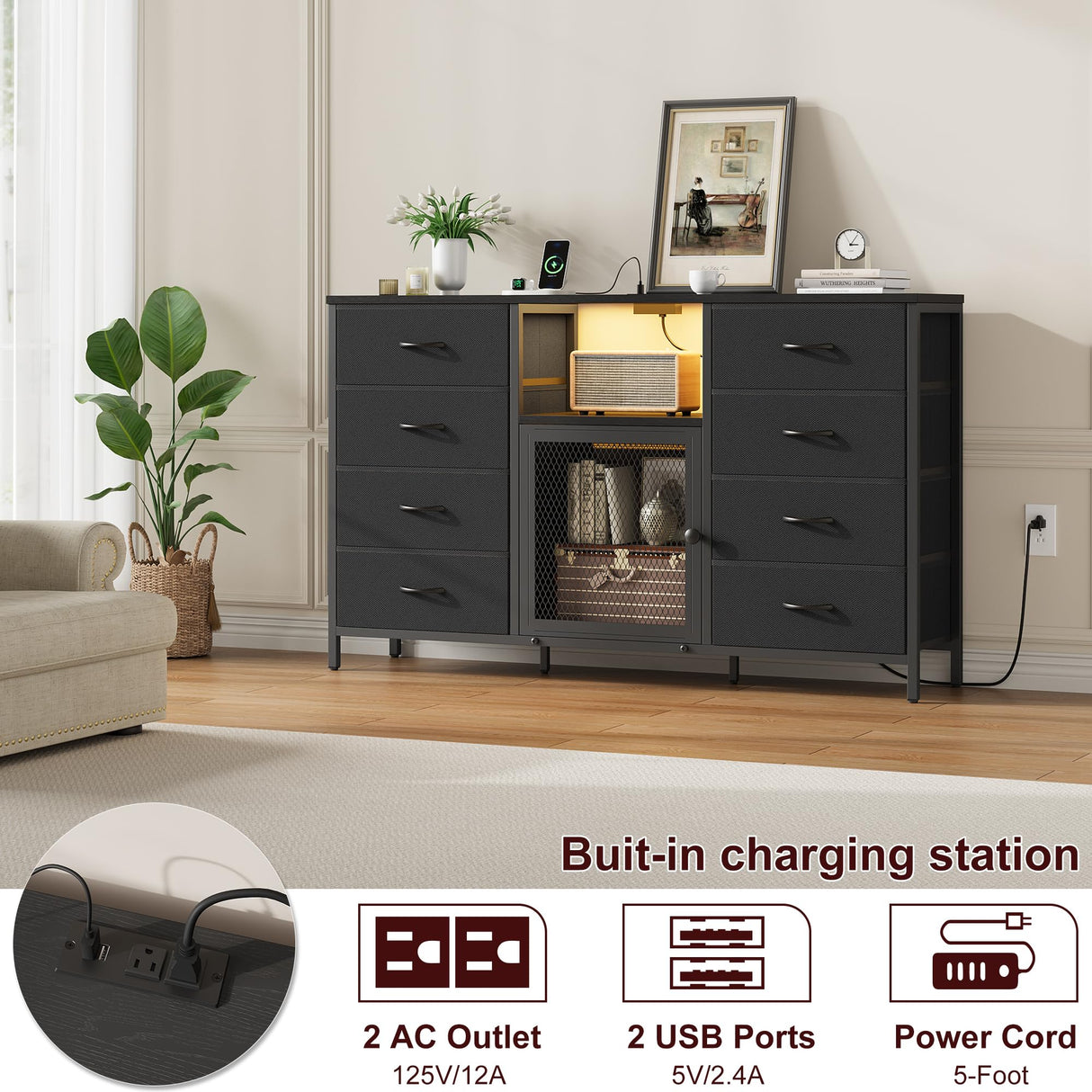 Dresser TV Stand for Bedroom for 65 inch TV with LED Lights and Charging Station, Fabric Chest of Drawers, 8 Fabric Drawers, Wood Top, Living Room, Closet Black Decofy