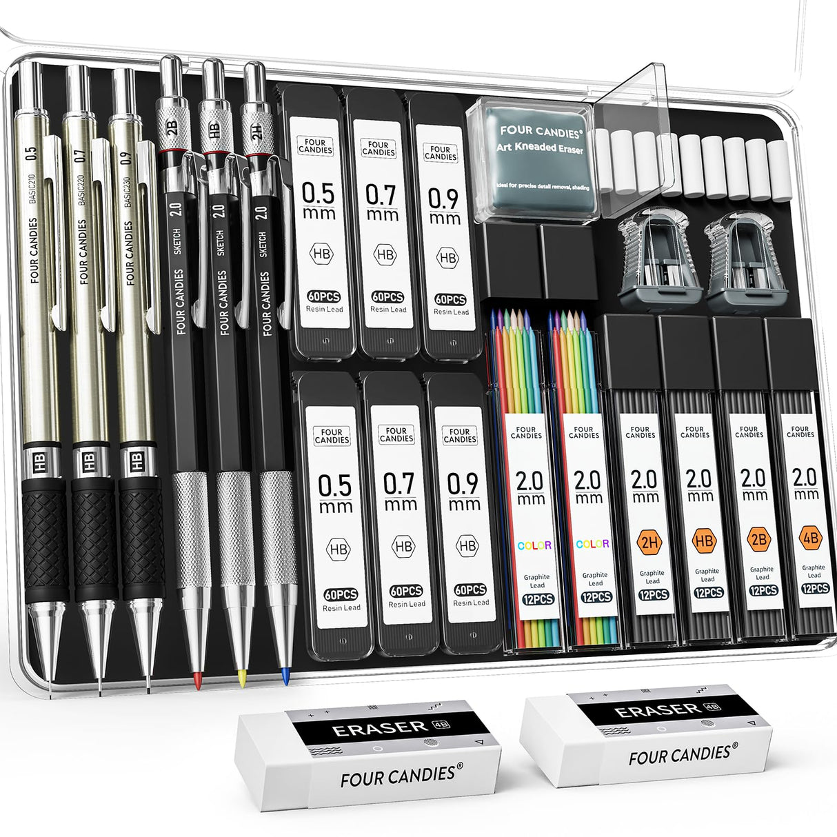 FourCandies 25PCS Art Mechanical Pencil Set with Case, 3PCS Metal Artist Lead Pencil 0.5, 0.7, 0.9 mm & 3PCS 2mm Lead Holder(HB 2H 2B 4B Color) with 432PCS Graphite Lead Refills for Drawing Sketching Four Candies