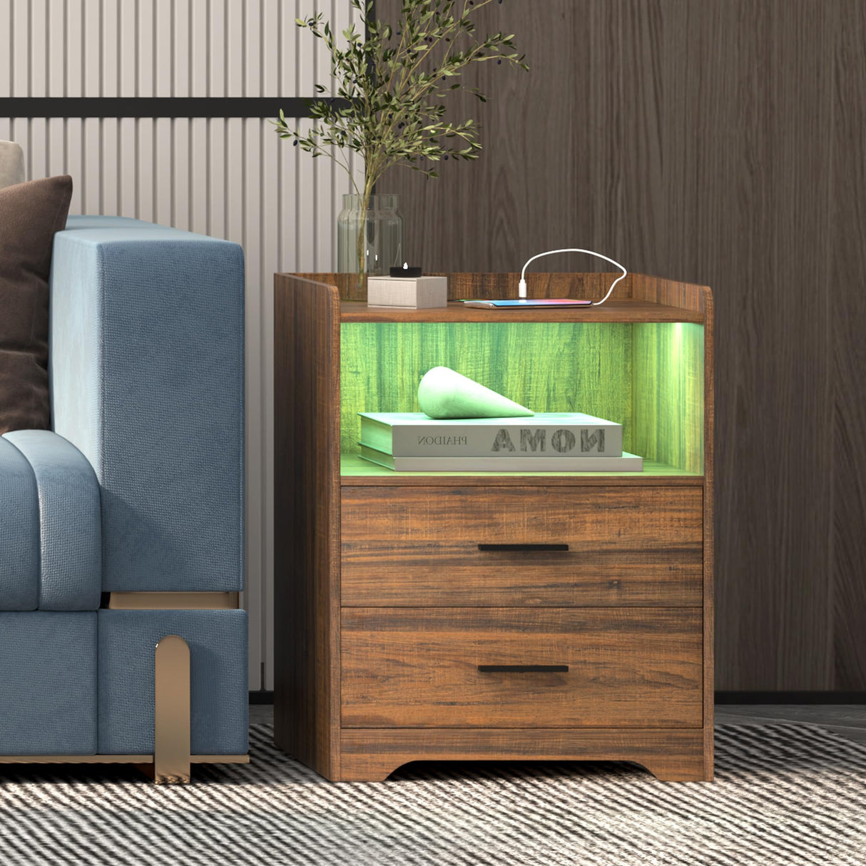 dnbss LED Nightstand with Charging Station, Smart Bedside Table with 24-Color RGB LED Lights, Charging Nightstand for Bedroom, Modern Nightstand Brown dnbss