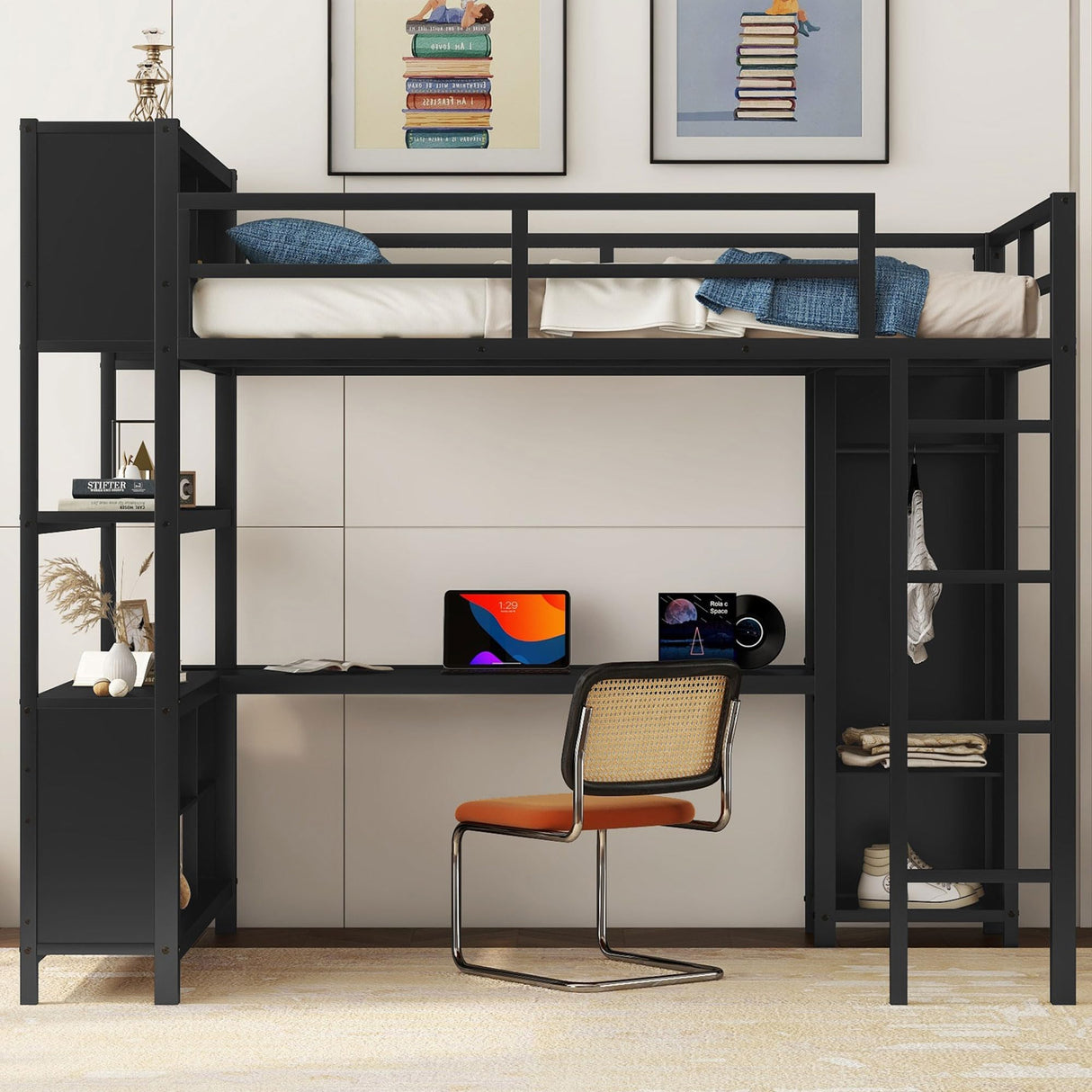 Full Size Loft Bed with Wardrobe and Storage Cubes, Heavy Duty Loft Bed with Desk, Storage Shelf and Guardrail, Black Bellemave