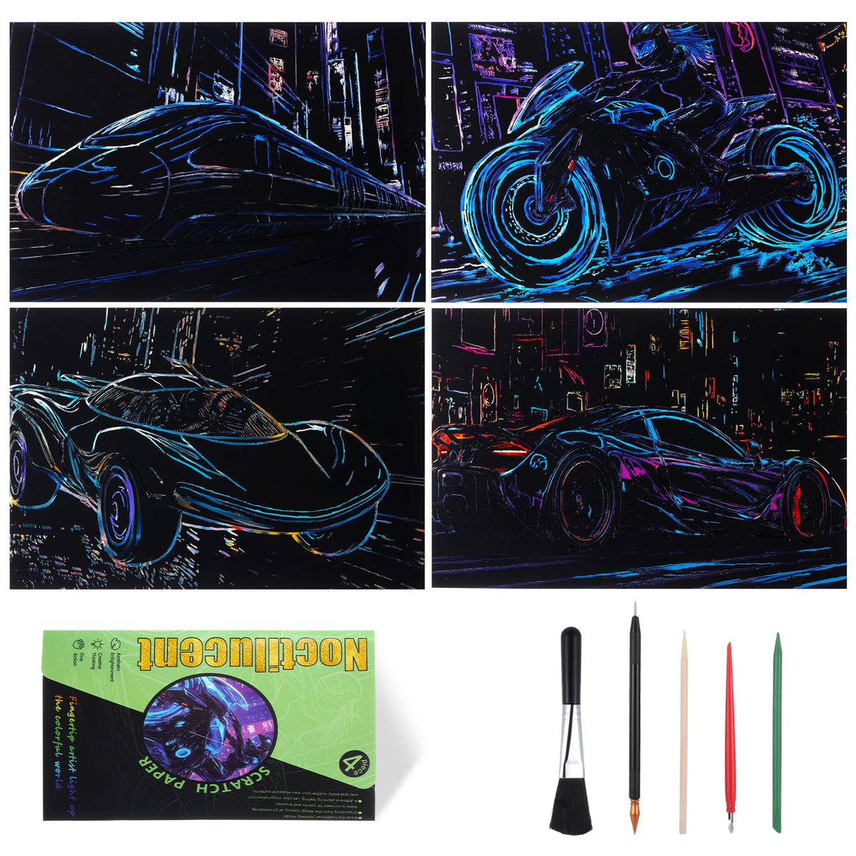 Gersoniel 4pcs Scratch Art Adult Scratch Painting Kits Glow in The Dark Rainbow Painting Paper with Pen & Cleaning Brush Noctilucent Scratchboard for Adults Gift, Racing Theme, Back to School Gifts Gersoniel