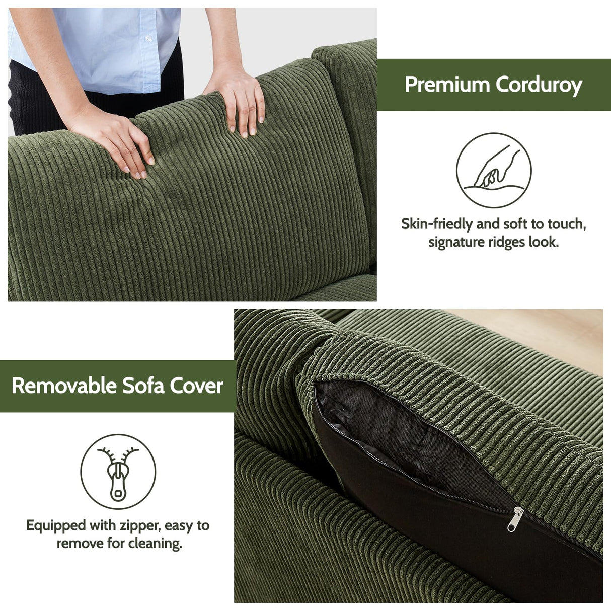 WEUP 68" Loveseat Sofa Green Corduroy Couch, Mid Century Modern Love Seat Couches for Living Room, Small Loveseat for Bedroom Office, Comfy Sofa with Spring Cushion, Solid Wood, Tool-Free Assembly WEUP