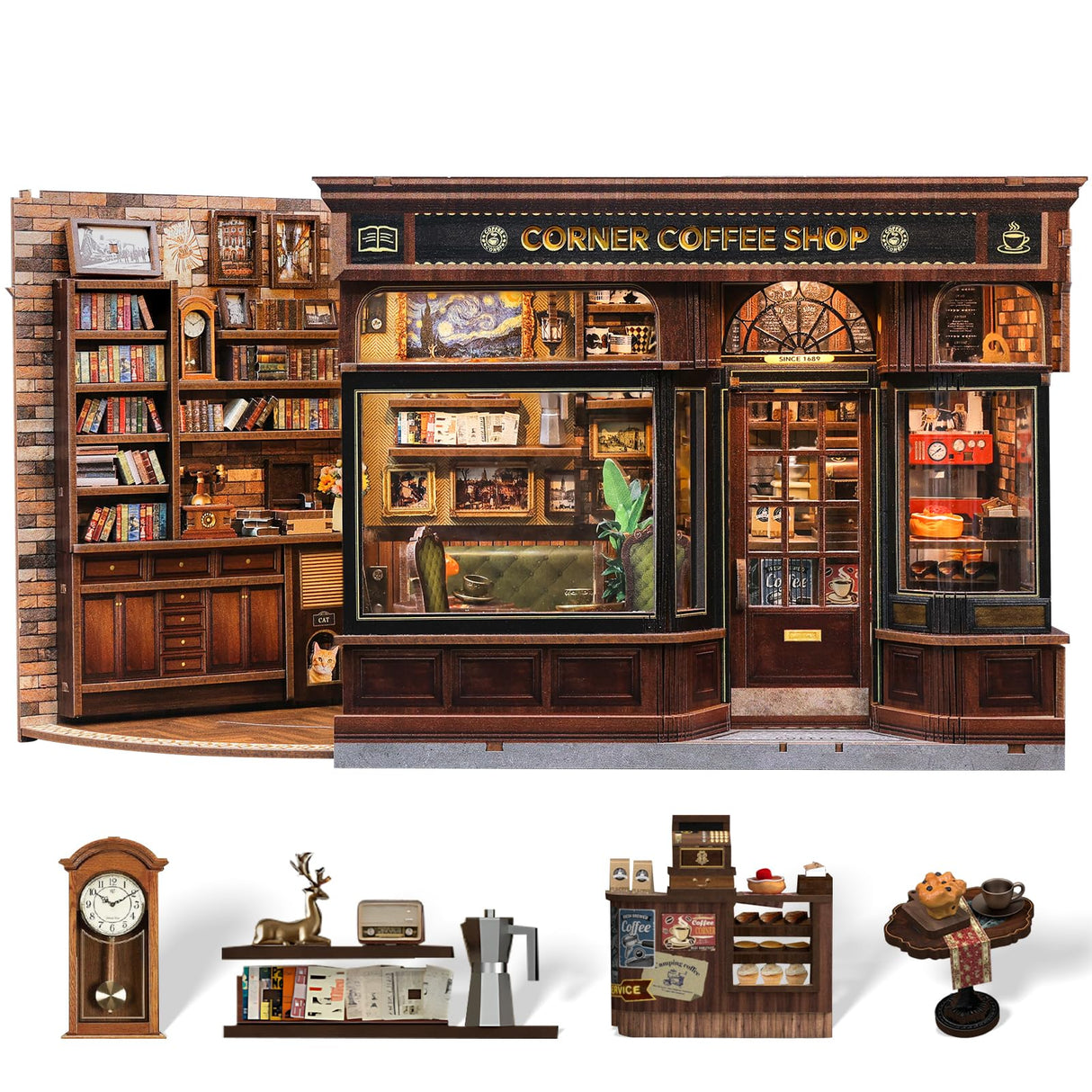 CUTEBEE Book Nook Kit - DIY Miniature House Coffee Shop Dollhouse Kit for Adults and Teens, Booknook Tiny House Bookshelf Decor 3D Wooden Puzzle, Gifts for Family, Friends (Corner Coffee Shop) CUTEBEE