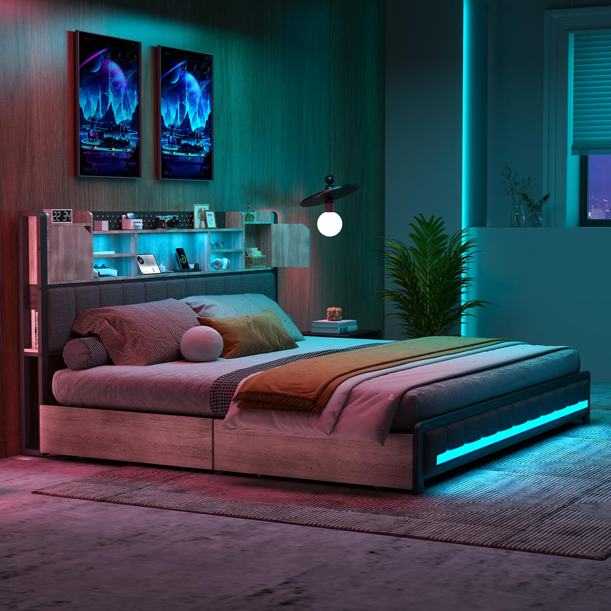 CSZZD Full Bed Frame with 4 Storage Drawers, Bookcase Headboard & USB Charging Station, Upholstered Metal Platform Bed in Oak Gray CSZZD