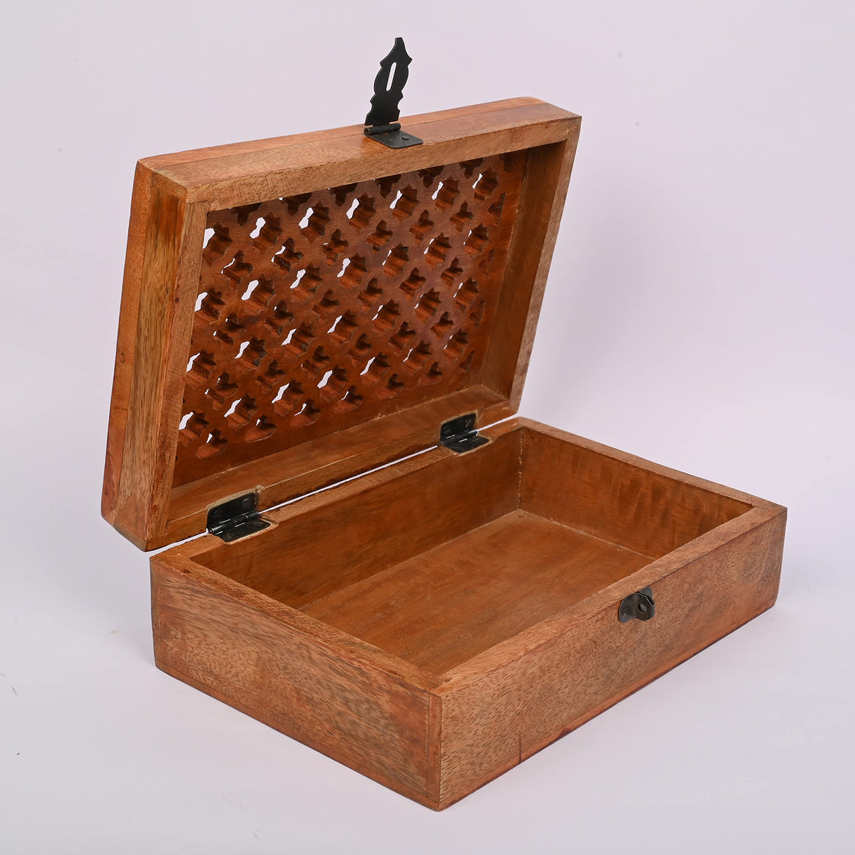 Samhita Mango Wood Decorative Wooden Box with Hinged Lid in Jali Carvings Used as Storage Box Christmas Gifts Items (9" x 6" x 3') Samhita