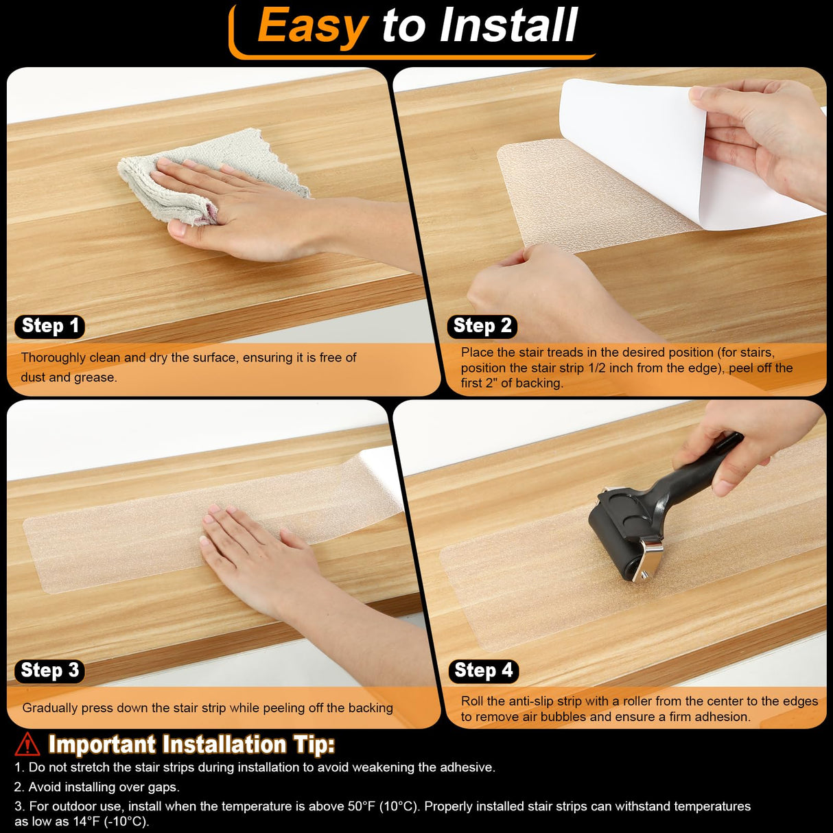 SMILOOL Clear Non Slip Stair Treads for Wooden Steps Indoor, 4" x 40" 5 Pack, Pre-Cut Anti Slip Stair Strips for Wood Stairs, Waterproof Grip Tape for Kids Elders and Pets, Transparent SMILOOL