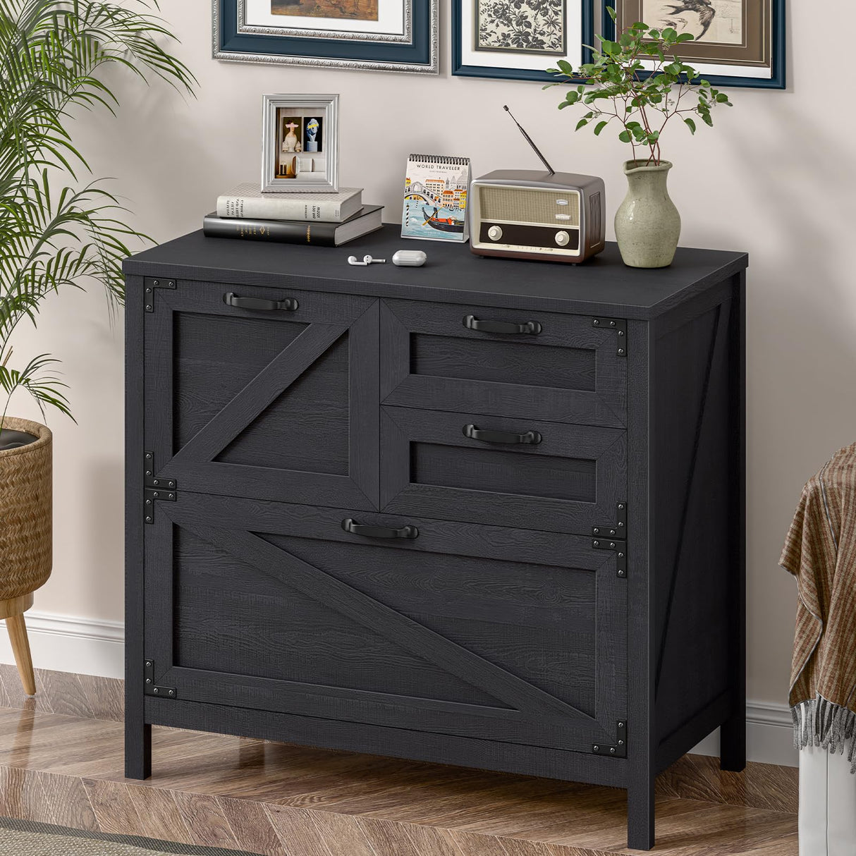 4-Drawer Wood Lateral File Cabinet for Hanging Files Letter/A4/Legal Size, Large Farmhouse File Cabinets for Home Office, Printer Stand with Office Cabinet, Black Vabches