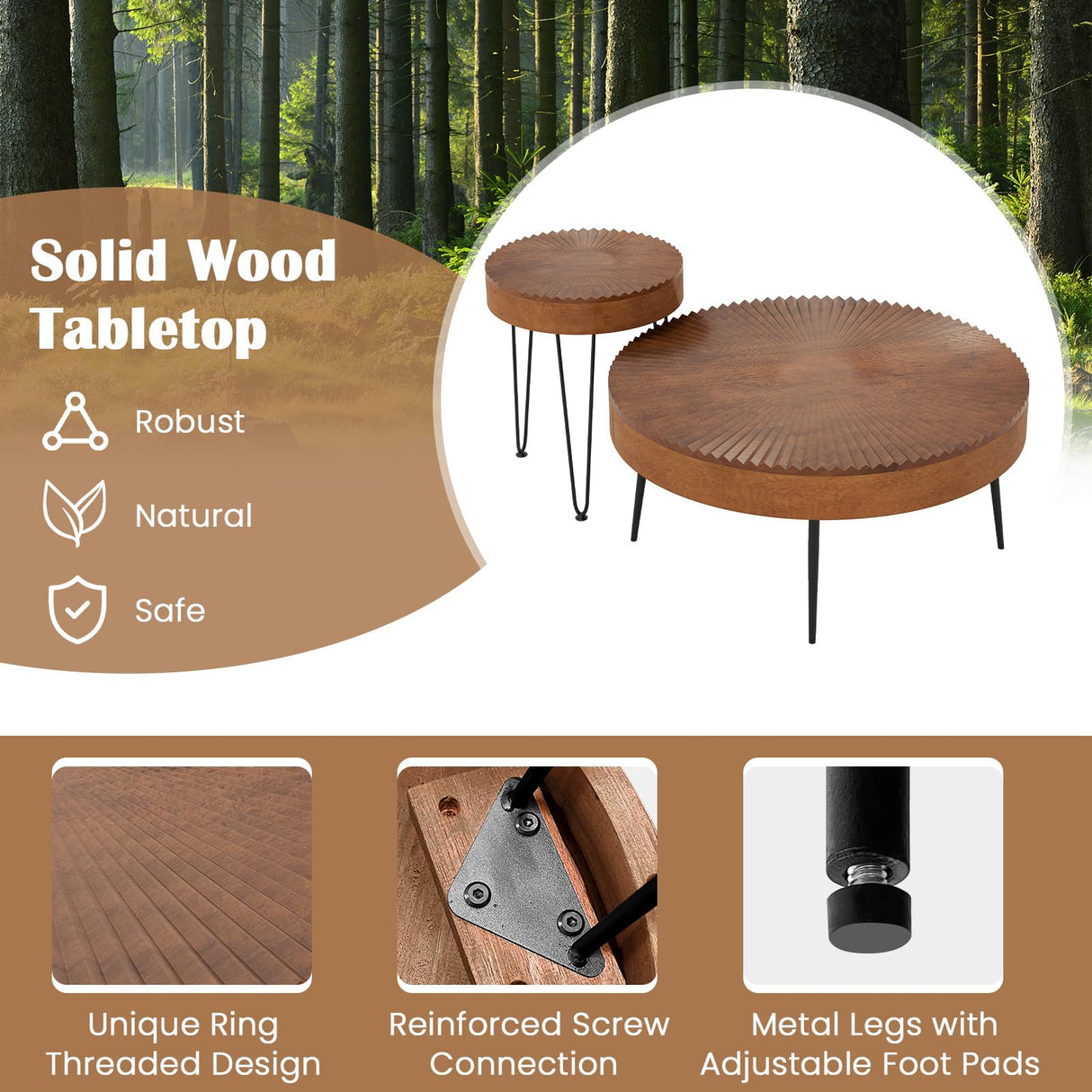 COSTWAY Farmhouse Round Coffee Table Set of 2, Rustic Sofa Side Tea Tables w/Wood Finish, Metal Frame, Adjustable Foot Pads, Nesting End Table Set for Living Room, Bedroom (Radial Pattern, Brown) COSTWAY