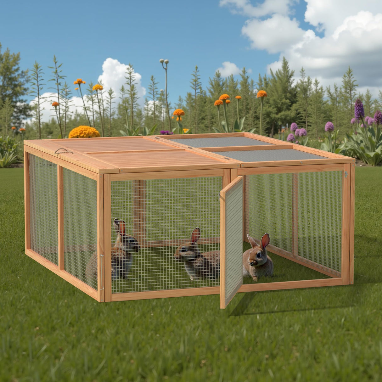 Chicken Coop, Wooden Rabbit Hutch Outdoor Indoor Folding Bunny Cage with Handle Portable Chicken Run with Top & Side Opening Doors Small Animal Playpen No Assembly Pet Poultry Cage for Bunny(Wood) Phonjoroo