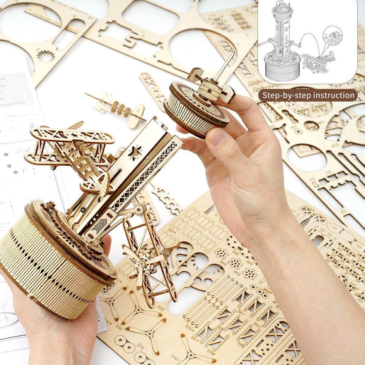 ROBOTIME 3D Wooden Puzzles for Adults DIY Musical Box Model Kit to Build Self-Assembly Building Kit Airplane-Control Tower ROBOTIME