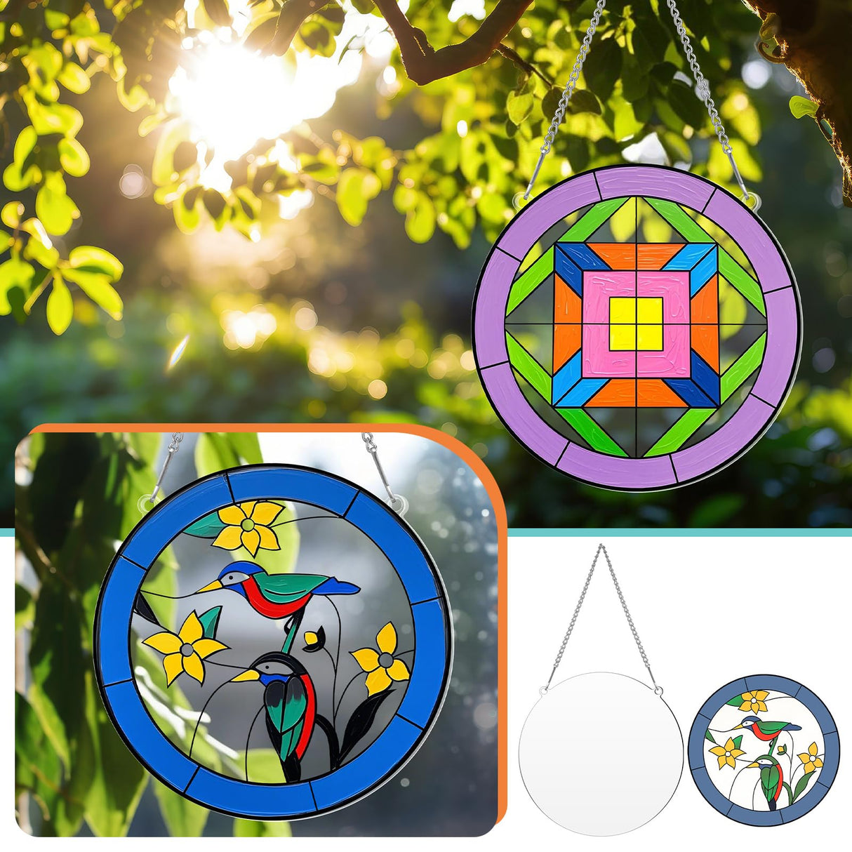 47 Pcs Stained Glass Painting Starter Kit Suncatcher Craft DIY Window Paint Art Including 7 Colors 12 Suncatchers 12 Patterns 12 Chains 4 Tool Set for DIY Project Spring Home Birthday Party Activities Watersay