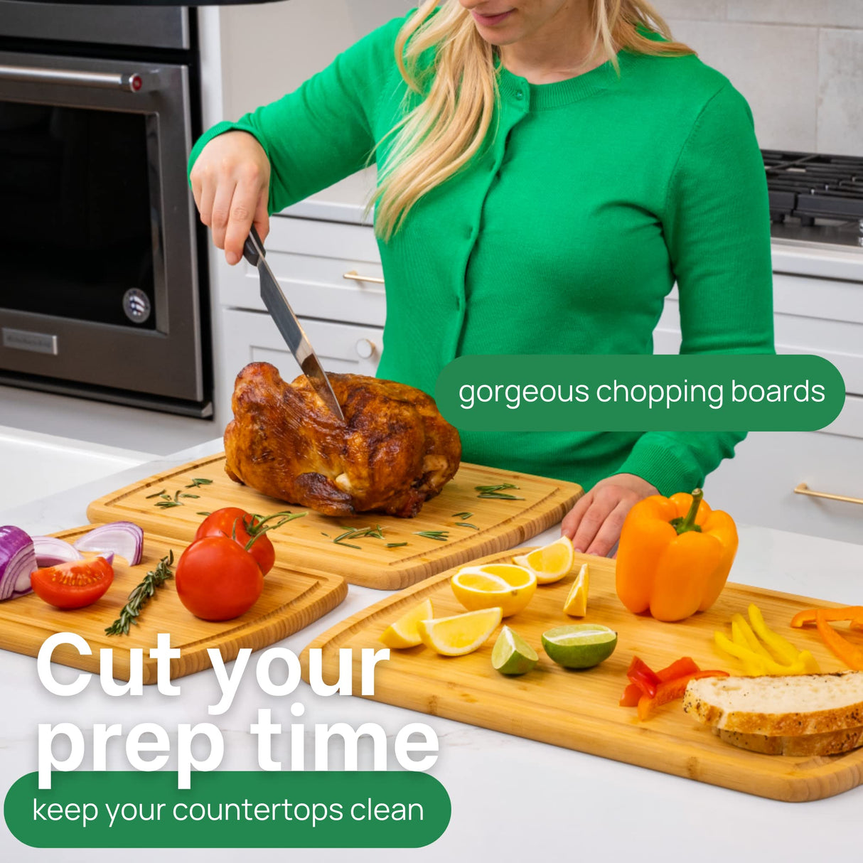 GREENER CHEF Organic Bamboo Cutting Board Set of 3 with Lifetime Replacements - 62% More Cutting Area, Single Tone Wood Chopping Boards with Juice Groove for Meat, Vegetables, and Cheese Greener Chef