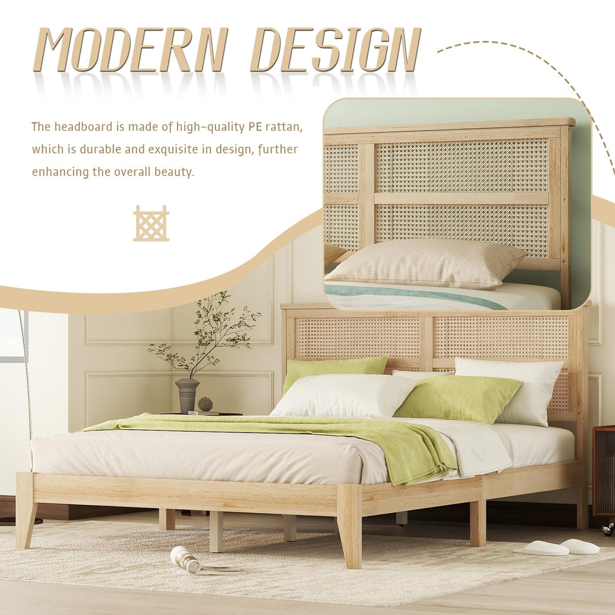 anwickjeff Boho Queen Size Bed Frame with Natural Rattan Headboard, Wooden Platform Bedframe, Under Bed Spacious Storage, No Box Spring Needed (Natural, Queen) anwickjeff