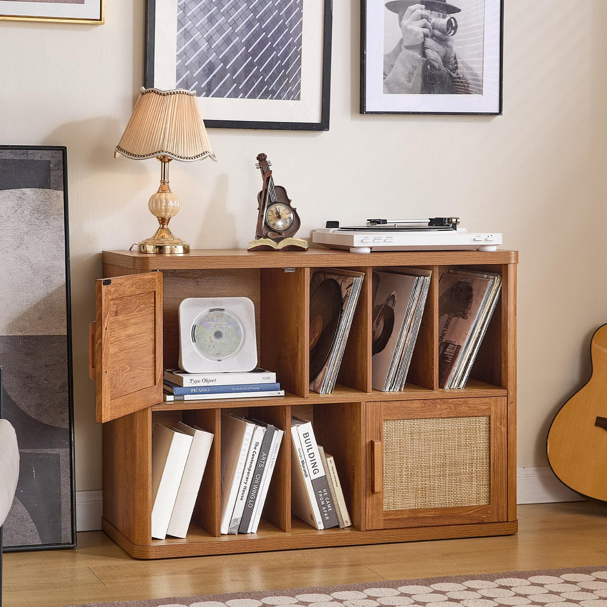 LEYAOYAO Large Record Player Stand with Vinyl Storage Up to 450 Albums, Wood Rattan Boho Record Storage Accent Cabinet, Modern Stereo Media Cabinets, Wide Turntable Stand for Living Room, Tea Brown LEYAOYAO