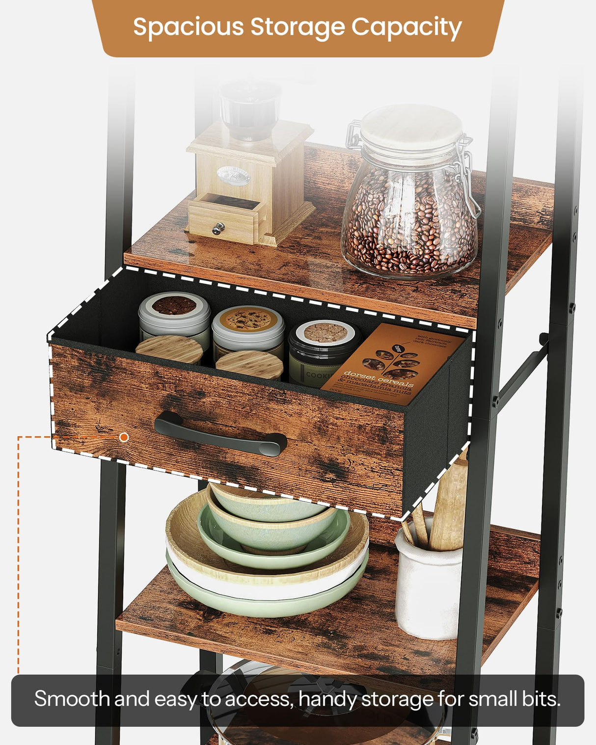 CHOEZON 5 Tier Ladder Shelf with Drawer, Tall Narrow Bookshelf with Storage, Industrial Ladder Bookshelf, Tall Corner Shelves for Living Room, Bedroom, Balcony, Rustic Brown and Black TCJ07BF CHOEZON