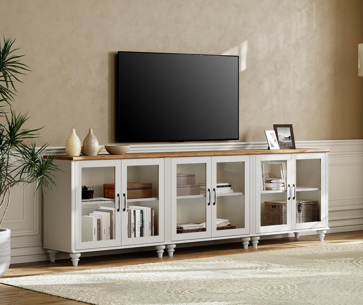 WAMPAT Modern TV Stand for 100 Inch TV, Wood TV Cabinet Entertainment Center for 95/90/85 Inch TV, Large Kitchen Buffet Cabinet with 6 Glass Door for Dining Room & Living Room, White WAMPAT