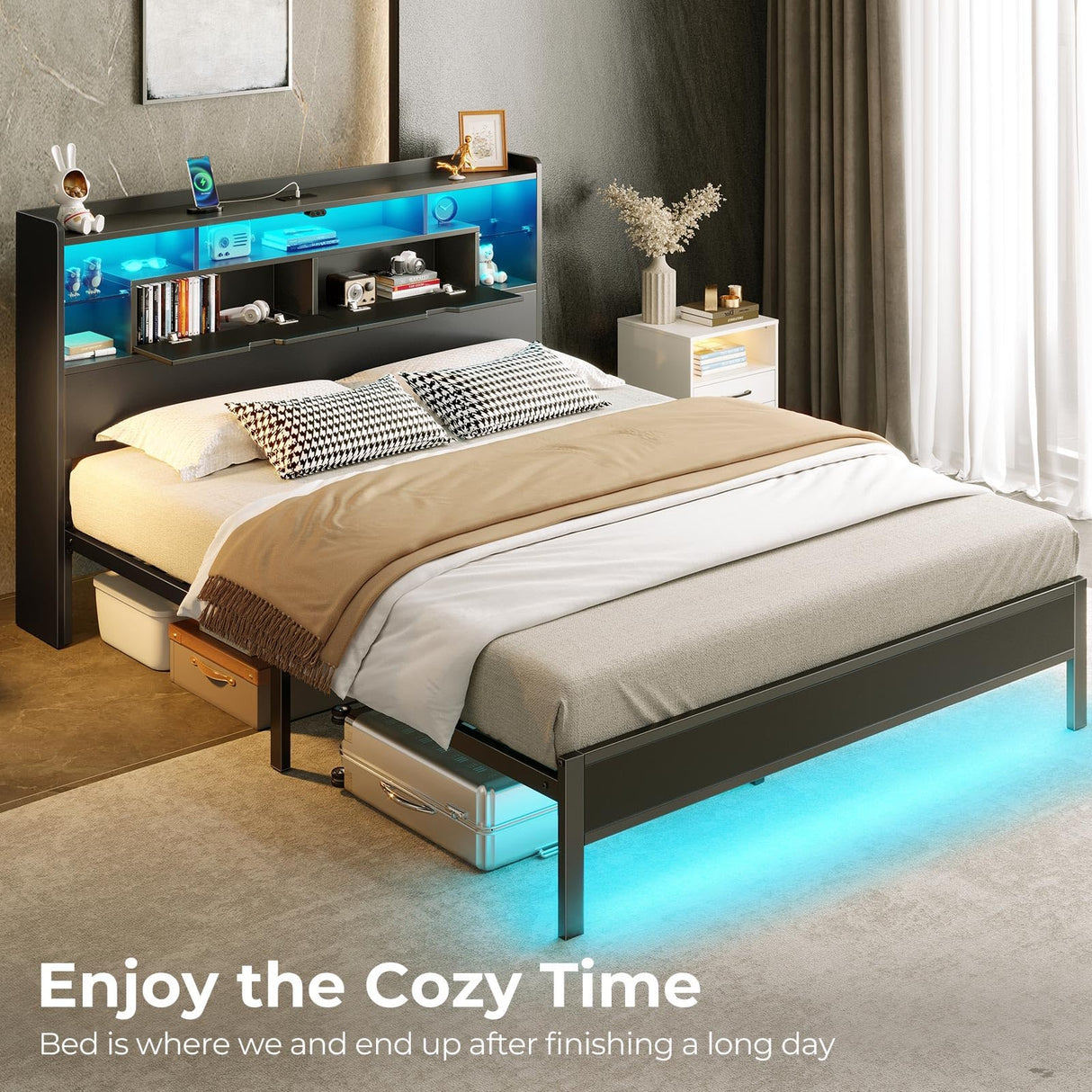 Rolanstar Queen Bed Frame with Headboard, LED Bed with Bookcase Storage and Charging Station, Metal Platform Bed with Glass Shelves, No Box Spring Needed, Noise-Free, Black Rolanstar