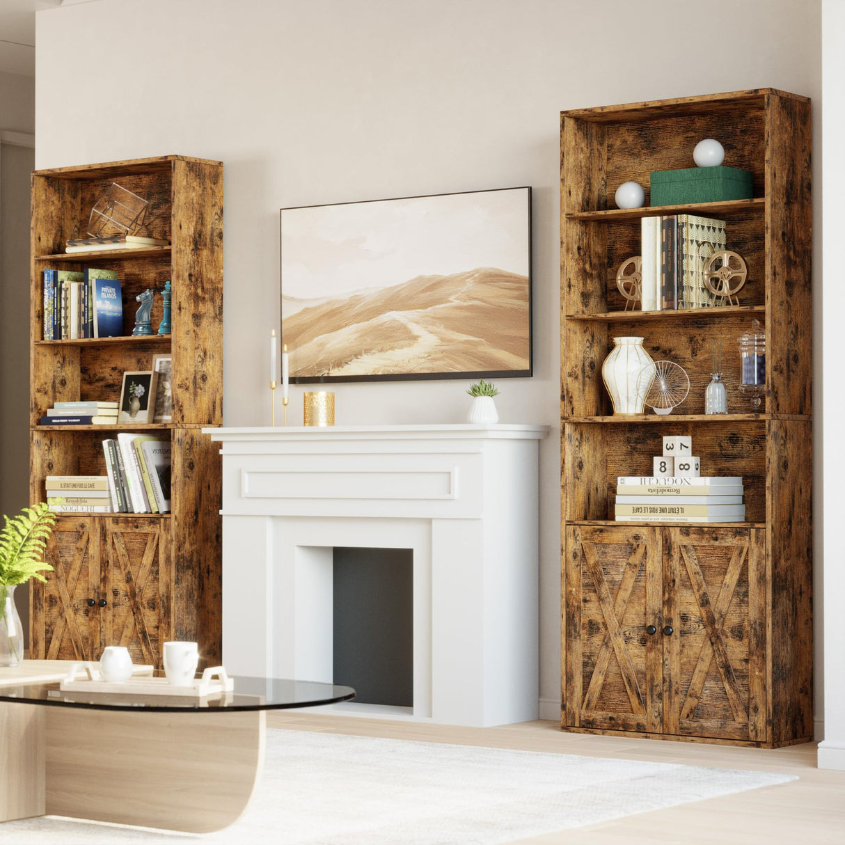 IRONCK Industrial Bookshelves and Bookcases with Doors Set of Two Floor Standing 6 Shelf Display Storage Shelves 70 in Tall Bookcase for Home Office, Living Room IRONCK