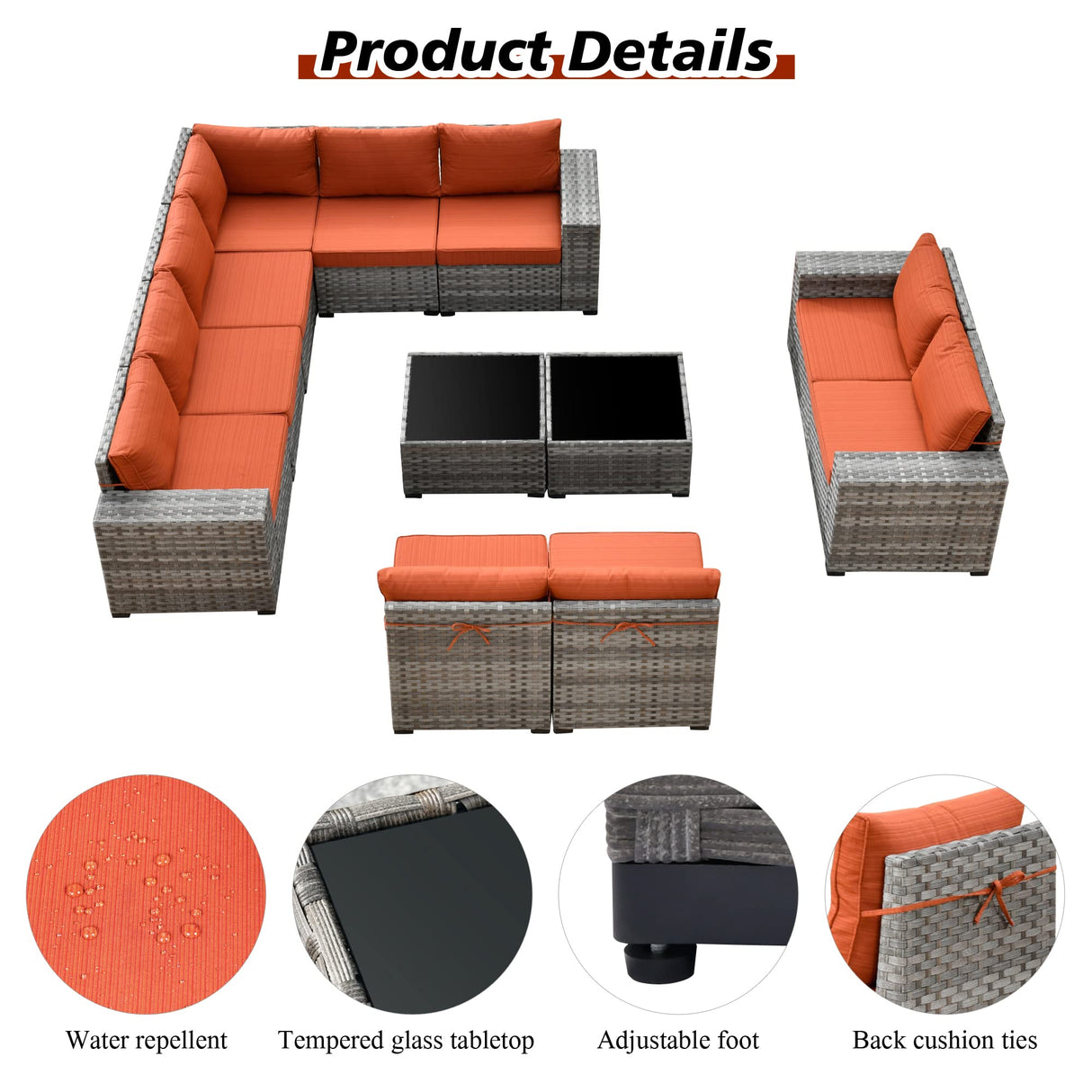 HOOOWOOO 12 Piece Modular Patio Outdoor Sectional Furniture Sofa Set,Wicker Conversation Set,Out Door Couch Set with Wide Arm for Outside All Weather(Orange Red) HOOOWOOO