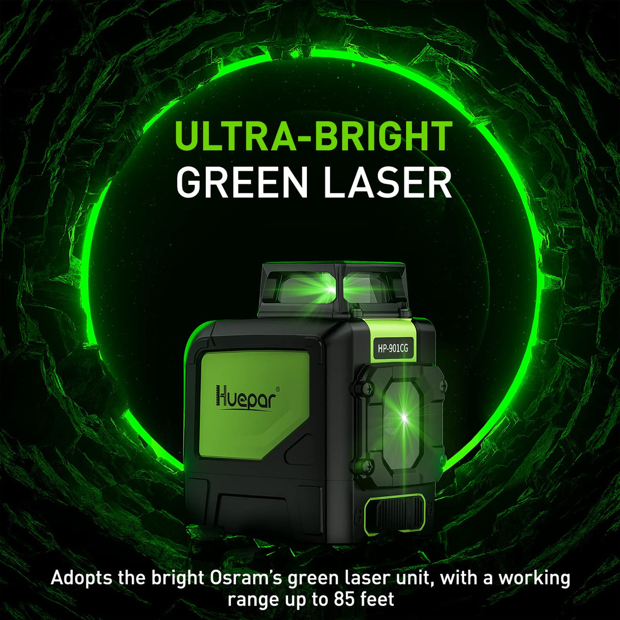 Huepar 901CG Self-Leveling Laser Level, 360 Green Beam Cross Line Laser Tool, Alignment 360-Degree Horizontal Line with Pulse Mode, Magnetic Pivoting Base Included Huepar