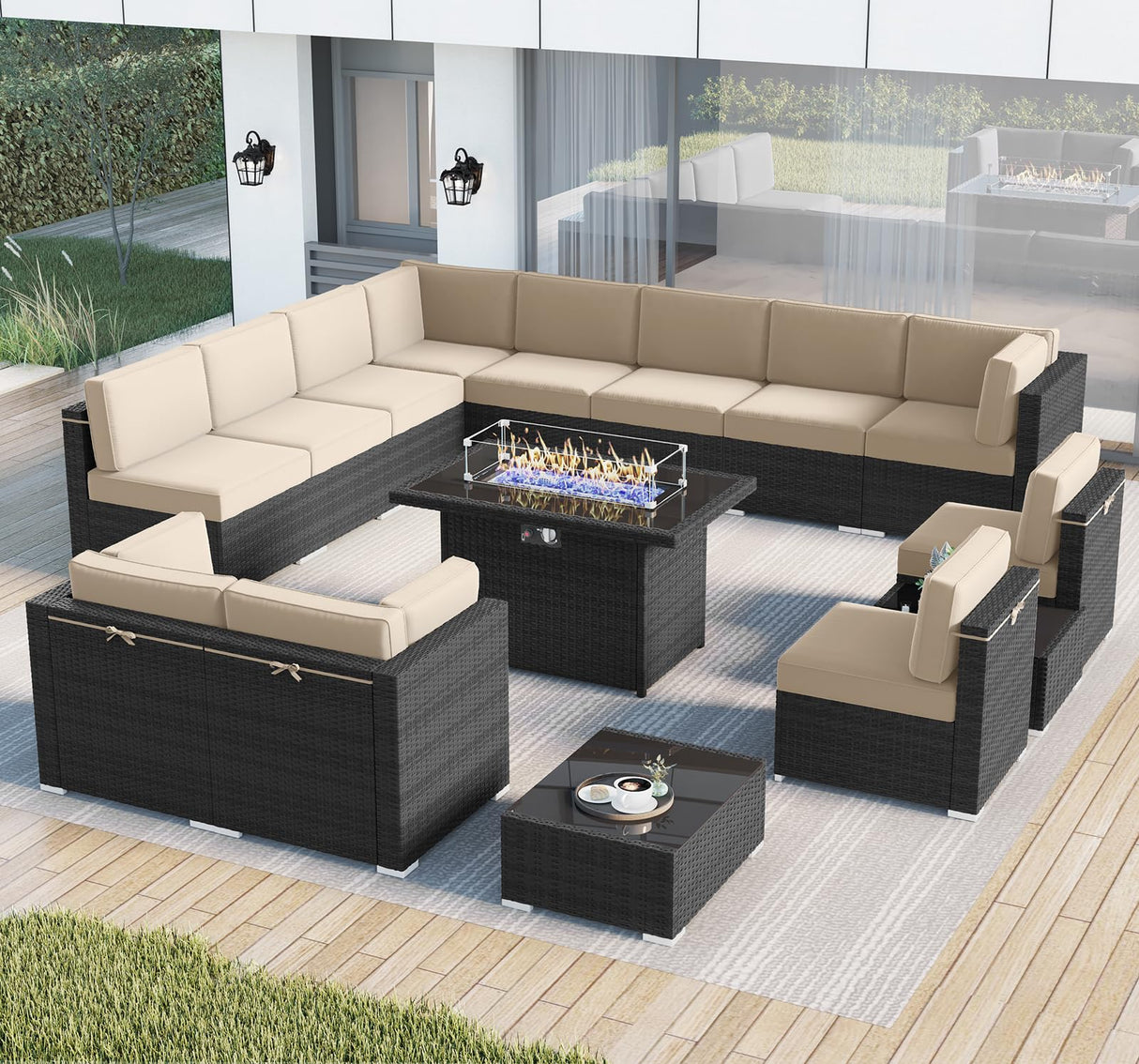 LayinSun 15 Piece Patio Furniture Set with Fire Pit Table, Outdoor Conversation Sets Wicker Rattan Sectional Sofa with Coffee Table LayinSun